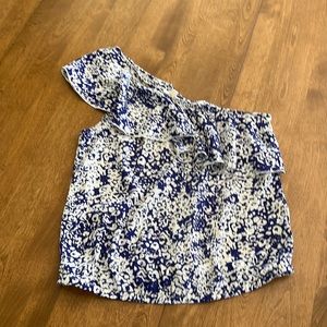 American Eagle one shoulder ruffle top size XS blue and white.